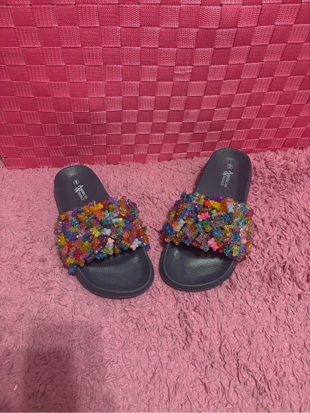 Custom Navy Slide Sandals with Colorful Gummy Bears